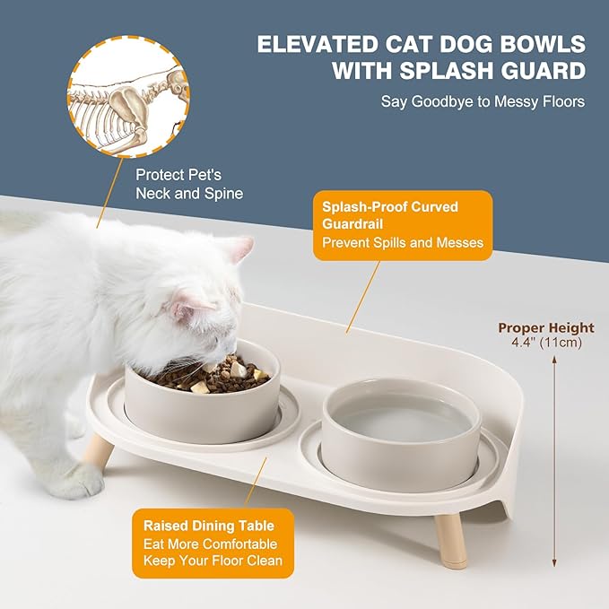 Elevated Ceramic Cat Bowl Set - Raised Double Dishes for Food & Water - Non-Slip Stand & Splash Proof - for Cats & Puppies - 2 x 480 ML - 16.23 OZ