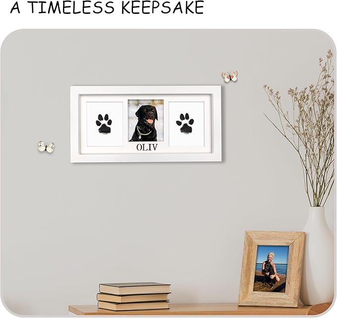 MYPAWLETS Paw Print Frame & Ink Pads Kit,Dog or Cat Paw Print Kit,2 No Mess Ink Pads for Pets,Paw Print Stamp Pad for Dogs,Wooden Pet Memorial Frame,Personalized Pet Paw Print Gifts-White