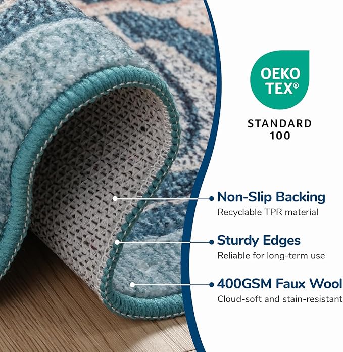 Lessymo Area Rug 5x7, Machine Washable Area Rugs, Super Soft Faux-Wool Area Rugs for Living Room Bedroom Kitchen, Boho Vintage Floral, Non-Slip Low Pile, Kid & Pet Friendly, Dark Green