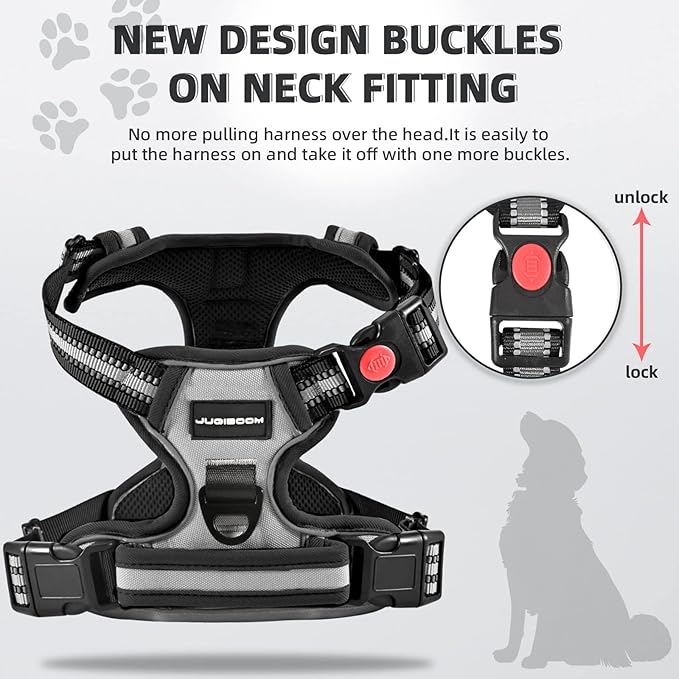 No Pull Dog Harness with A Free Heavy Duty 5ft Dog Leash, Adjustable Soft Padded Dog Vest, Reflective No-Choke Pet Oxford Vest with Easy Control Handle and Dog Leash for Dogs (Grey, Large)