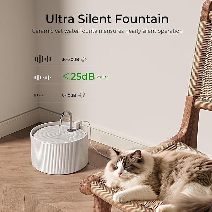 Ceramic Cat Water Fountain, 2.2L/74oz Ceramic Cat Fountains for Drinking Indoor with 3 Replacement Filters and 3 Sponges, Automatic Pet Water Dispenser with Ultra-Quiet Pump