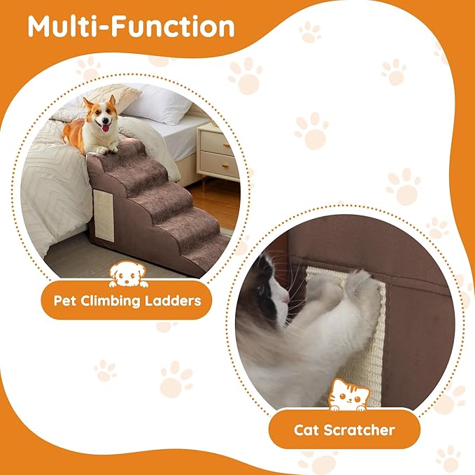Dogs Steps for Bed, Dog Stairs for Small Dogs, 4-Step Dog Ramp for Bed, Couch, Sofa, and Chairs, Non-Slip Bottom Design, Cat Scratching, High Density Foam Portable Pet Step, Indoor, Coffee