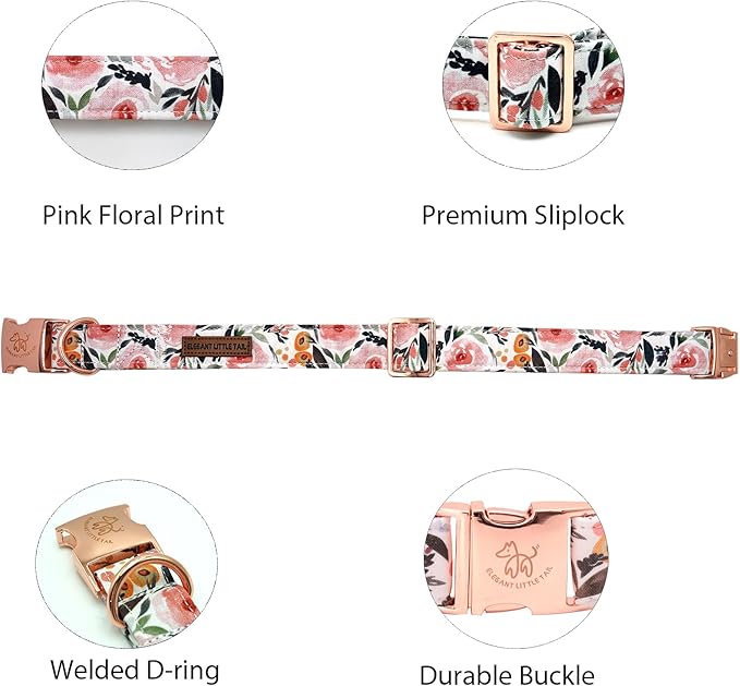 Elegant little tail Dog Collar, Pink Floral Pattern Pet Collar Summer Durable Cute Dog Collars Male or Female Pet Gift Adjustable Dog Collar for X-Large Dogs