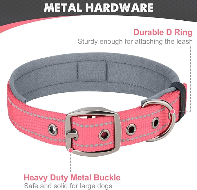 Joytale Dog Collar for Medium Dogs, Neoprene Padded and Adjustable, Reflective Wide Heavy Duty Pet Collars with Durable Metal Belt Buckle for Walking, Pink, M