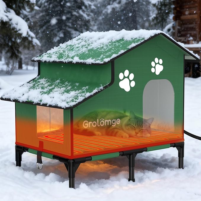Large Outdoor Heated Cat House for Multiple Cats, Weatherproof Insulated Spire Roof Shelter