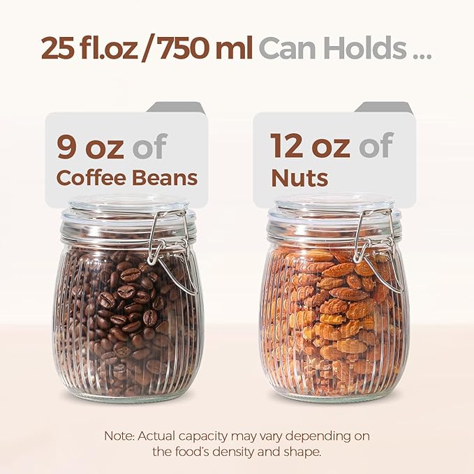ComSaf Airtight Glass jar with lid 25oz Set of 6, Glass Storage Containers with Lids, Glass Canister, Mason Jars, Striped Clip Fastening Jar for Kitchen Canning, Oat, Coffee, Pasta, Snack, Nut, Candy