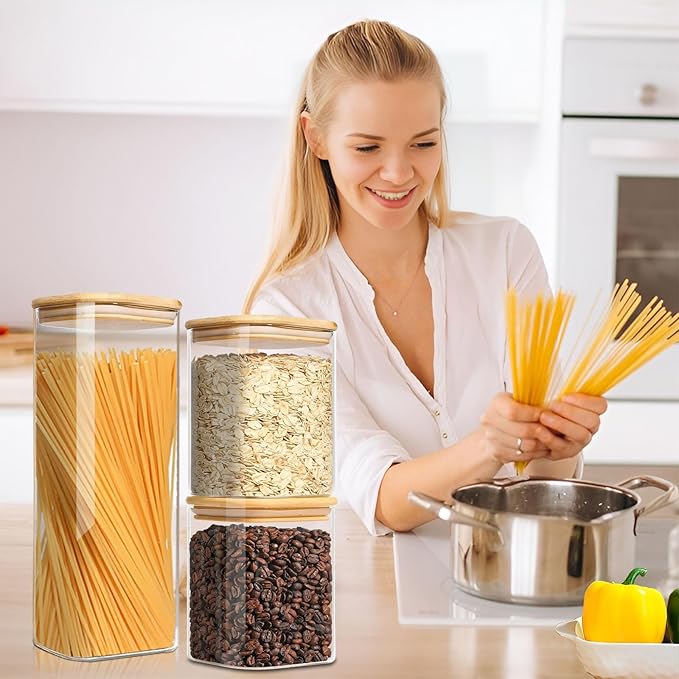 Food Storage Containers with Airtight Bamboo Lids Set of 5, Glass Canisters with Airtight Lids, Glass Food Storage Containers for Pasta, Oats, Coffee, Flour, Sugar, Best for Kitchen, Square