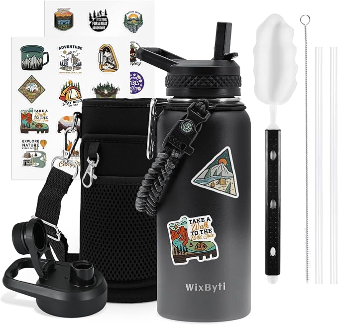 32 oz Insulated Water Bottle with Straw (Cold for 48 Hrs), Stainless Steel Triple Wall Vacuum Sports Water Jug, Leakproof Hydro Cup Flask with Paracord Handle & Straw Spout Lids & DIY Stickers