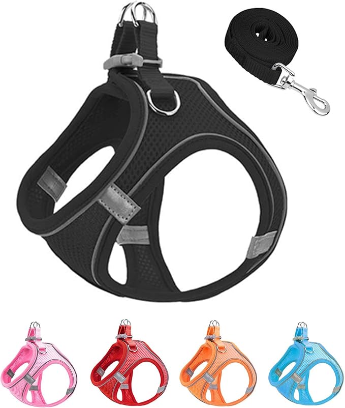 XS Black Soft Mesh Dog Harness and Leash Set,No Escape Puppy Harnesses for Training Walking竊?Reflective Adjustable Puppy Vest for Small Medium Dogs, Cats (Black, XS)