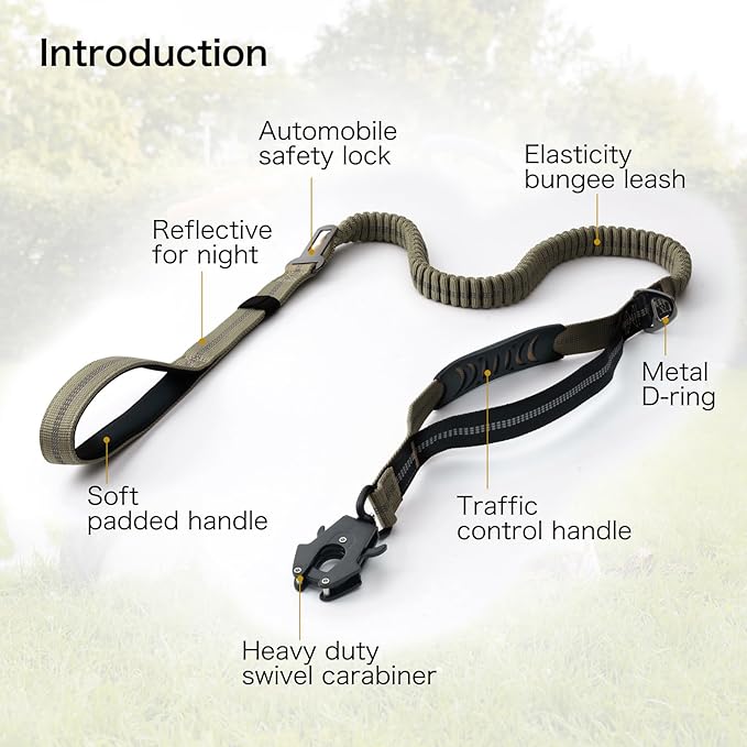 Heavy Duty Tactical Dog Leash with Quick Release Carabiner and Highly Reflective Threads,4-6FT Power Stretch Dog Leash for Medium Large Dogs (Army Green & Black)