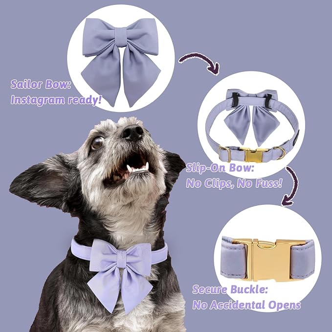 Maca Bates Violet Dog Collar with Cute Lavender Solid Sailor Bow Tie,Extra Small Girl Boy Dogs,Girly Adjustbale Durable Breakaway Soft Collars with Bowtie for Female Male Puppy,Pet with Metal Buckle