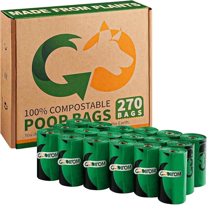 Certified 100% Home Compostable Poop Bags for Dogs, 270 Count Guaranteed Leak Proof and 18 Microns Extra Thick Waste Bag, 18 Rolls of Plant Based Doggie Poop Bag, No Scented with ASTM D6400 & EN13432