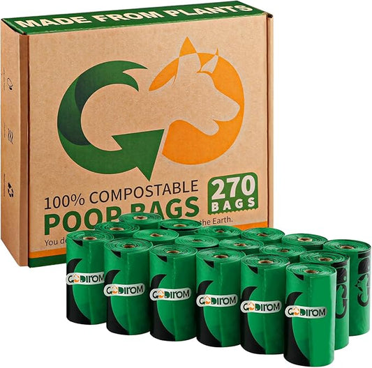 Certified 100% Home Compostable Poop Bags for Dogs, 270 Count Guaranteed Leak Proof and 18 Microns Extra Thick Waste Bag, 18 Rolls of Plant Based Doggie Poop Bag, No Scented with ASTM D6400 & EN13432