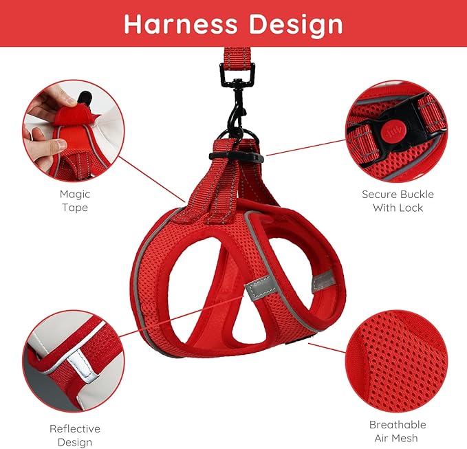 BELLA & PAL Step in Vest Harness for Small and Medium Dogs, No Pull Small Dog Harness with Leash Set, Comfortable Air Mesh Dog Vest Harness with Reflective Strip (Red, XS)