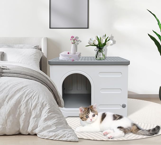 Waterproof Outdoor Cat House, Plastic Cat House for Outdoor Cats Feral Cat House, Sturdy Cat Bed for Small Pet, Spacious, Assemble Easily-Grey