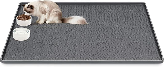 Lanstics Cat Food Mat, 42" x 29" Large Silicone Mat Cat Feeding Mat with Raised Edge Non-Slip Pet Feeding Mat for Food and Water Bowl, Easy to Clean, Floor Protection (Dark Gray)