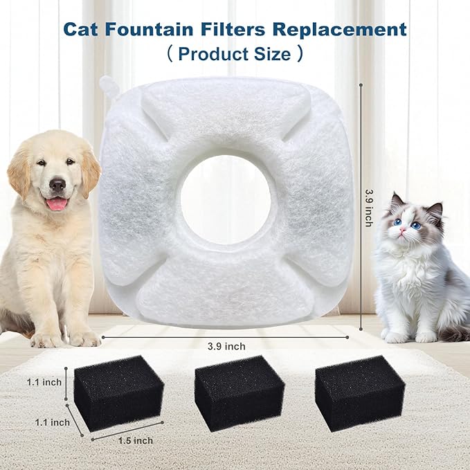 4Pcs Cat Fountain Replacement Filters,4Pack Cat Water Fountain Replacement Filters with 4Pack Pre-Filter Sponges, Pet Fountain Filter Fit for 95oz/2.8L Automatic Pet Fountain Cat Water Fountain