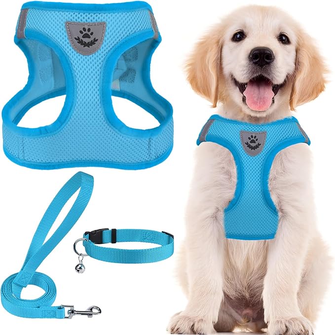 PUPTECK Adjustable Dog Harness Collar and Leash Set Step in No Pull Pet Harness for Small Medium Dogs Puppy and Cats Outdoor Walking Running, Soft Mesh Padded Reflective Vest Harnesses