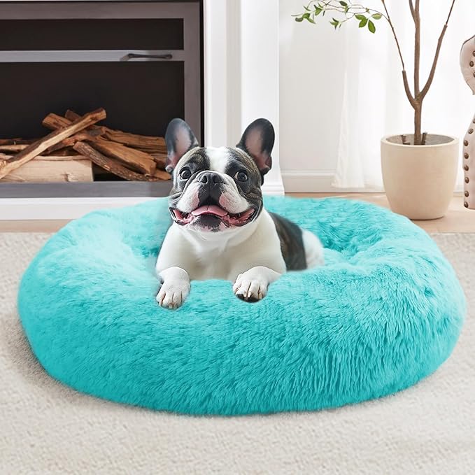 JOLLYVOGUE Calming Dog Bed Large Size Dog, Anti-Anxiety Donut Large Pet Bed, 36 inches Fluffy Faux Fur Round Cat Bed, Fits up to 75 lbs Pets (Aqua Blue)
