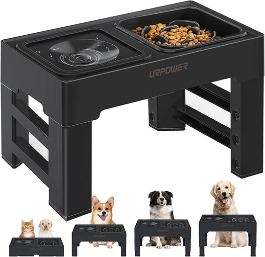 URPOWER 2-in-1 Elevated Slow Feeder Dog Bowls with No-Spill Water Bowl, 4 Height-Adjustable Raised Dog Bowls, Non-Slip Food and Water Bowls with Stand for Small, Medium, Large Dogs, Cats and Pets