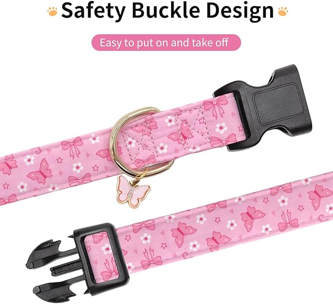 Cotton Dog Collar,Adjustable Cute Puppy Collar with Moon Patterned Design for Small Medium Large Dogs,Soft and Fancy Pet Collar with Safety Buckle for Girl Boy Dogs (Pink Butterfly, Medium)