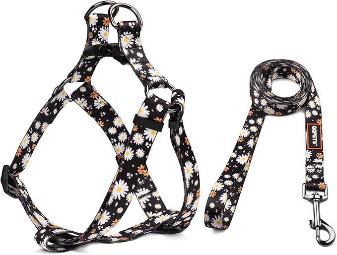 QQPETS Dog Harness Leash Set Adjustable Heavy Duty No Pull Halter Harnesses for Small Medium Large Breed Dogs Back Clip Anti-Twist Perfect for Walking (S(14"-20" Chest Girth), White Daisy)