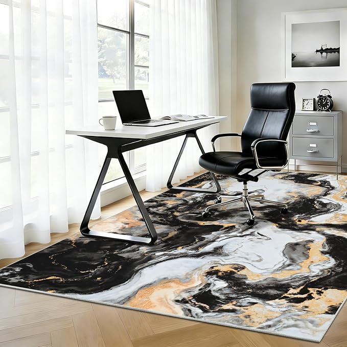 Yinhua Washable Rug 5x7, Marble Black and Gold Rugs Non Slip, Abstract Area Rugs Low Pile, Soft Faux Wool Modern Throw Rug Pet Friendly, Contemporary Floor Carpet for Living Room Bedroom Kitchen