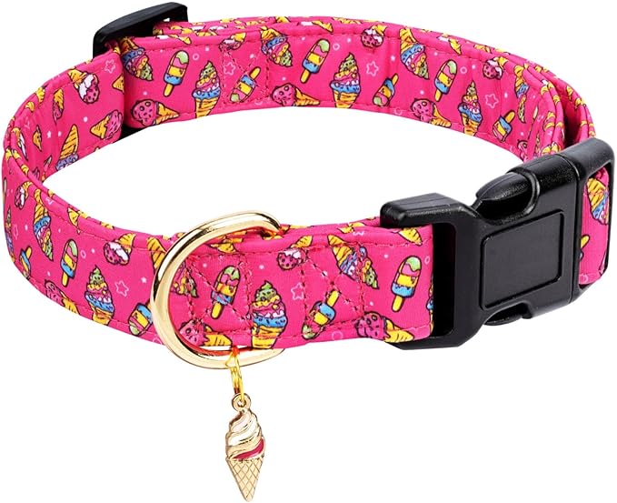 Cotton Dog Collar,Adjustable Cute Puppy Collar with Moon Patterned Design for Small Medium Large Dogs,Soft and Fancy Pet Collar with Safety Buckle for Girl Boy Dogs (Red Ice Cream, Medium)