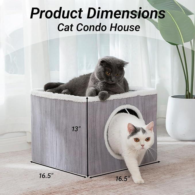 LUCKITTY Cat Condo House with Reversible Cushions and Fluffy Ball Hanging, Foldable Cube, Large Cave Bed for Indoor Cats Kittens, Grey Wood Grain Pattern