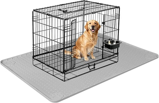 Silicone Dog Bed Mat, 50"x 30" Crate Mat for Dog Cages, Kennel Mat with Raised Edge, Washable, Waterproof, Leakproof, Protect Floors (Light Grey)