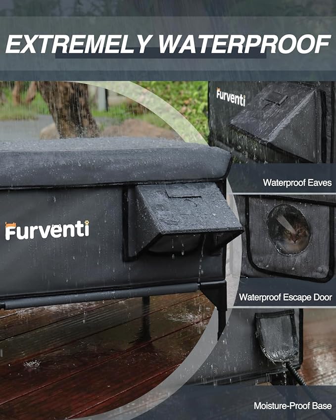 Heated Cat House for Outside,Dual Camera Mounts,100% Weatherproof & Extremely Insulated,Elevated Feral Cat Shelter with Escape Door,Waterproof Eaves for Outdoor Stray Barn Cat(Dark Grey,S)
