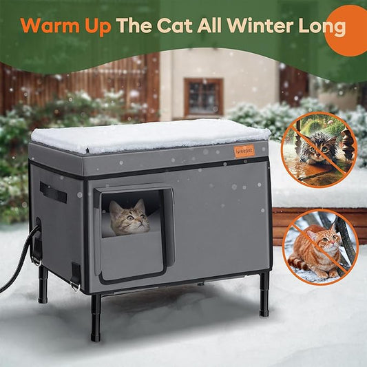100% Weatherproof Large Heated Cat House for Outside Cat with Cozy Cushion,Indestructible Outdoor Cat House in Winter, Foil Insulated Pet Shelter for Outside Barn Feral Stray Cat
