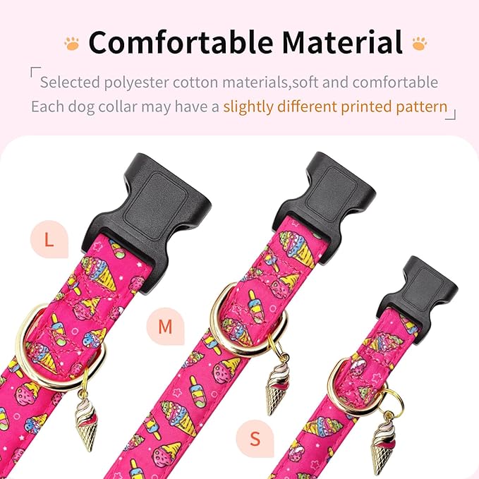 Cotton Dog Collar,Adjustable Cute Puppy Collar with Moon Patterned Design for Small Medium Large Dogs,Soft and Fancy Pet Collar with Safety Buckle for Girl Boy Dogs (Red Ice Cream, S)