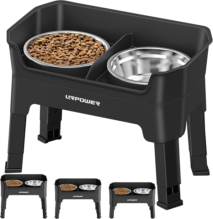 URPOWER 3-in-1 Elevated Dog Bowls - Mess Proof Double Deck 4 Height Adjustable Raised Stand with 2 Stainless Steel Food Bowls & Licking Plate for Small, Medium & Large Dogs