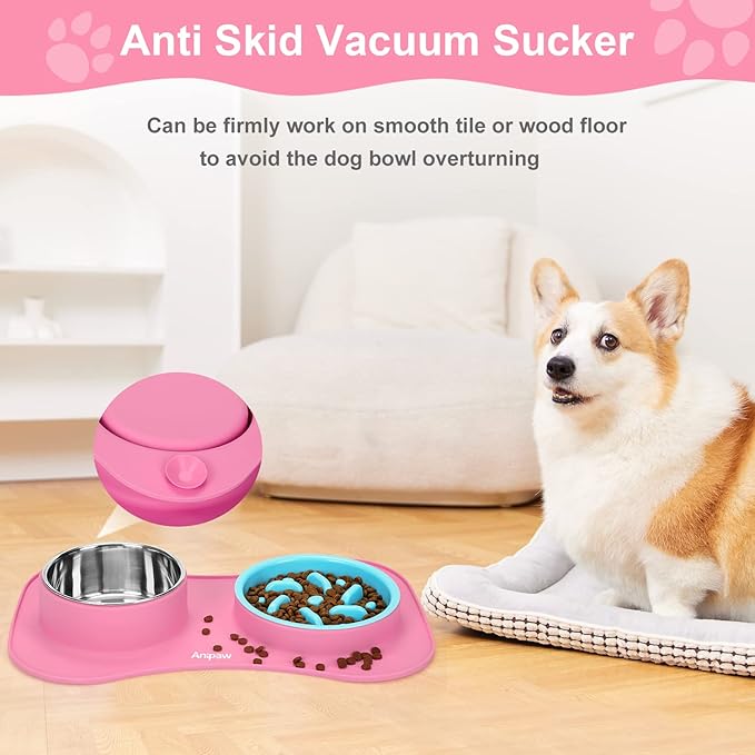 Slow Feeder Dog Bowls 3 in 1 Stainless Steel Dog Food and Water Bowls with Non-Spill Non-Skid Silicone Mat to Slow Down Eating for Large Medium Small Breed Size Dogs and Cats