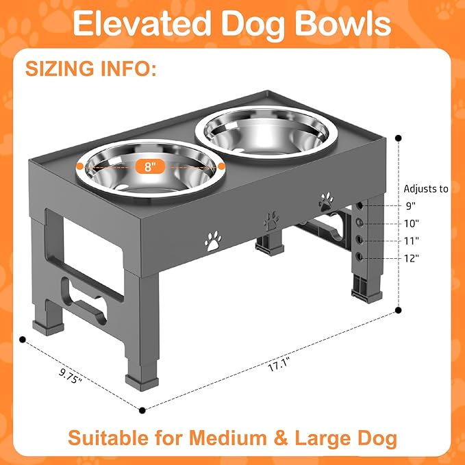 Elevated Dog Bowls with 2 Stainless Steel Bowls, Raised Dog Food Bowl Stand 5 Height Adjustable (3.1", 9", 10", 11", 12") Non-Slip Feeder Set for Medium and Large Dogs - Gray