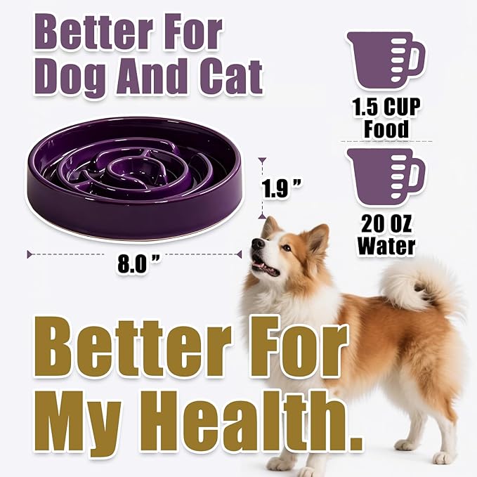 Ceramic Slow Feeder Dog Bowls with Anti-Slip, Slow Feeder & Non-Slip Design, Boredom and Anxiety Reducer, Suitable for All Breed Dogs and Cat (Ceramic-Purple)