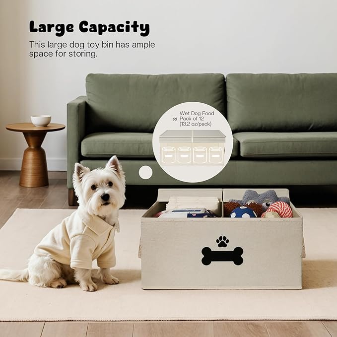 Dog Toy Basket with Double-Open Lid, Divided Dogs Basket for Toys, Collapsible Pet Toy Box, Dog Storage Organizer with 2 Divided Area, Puppy Toys Baskets with Rope Handles, Beige
