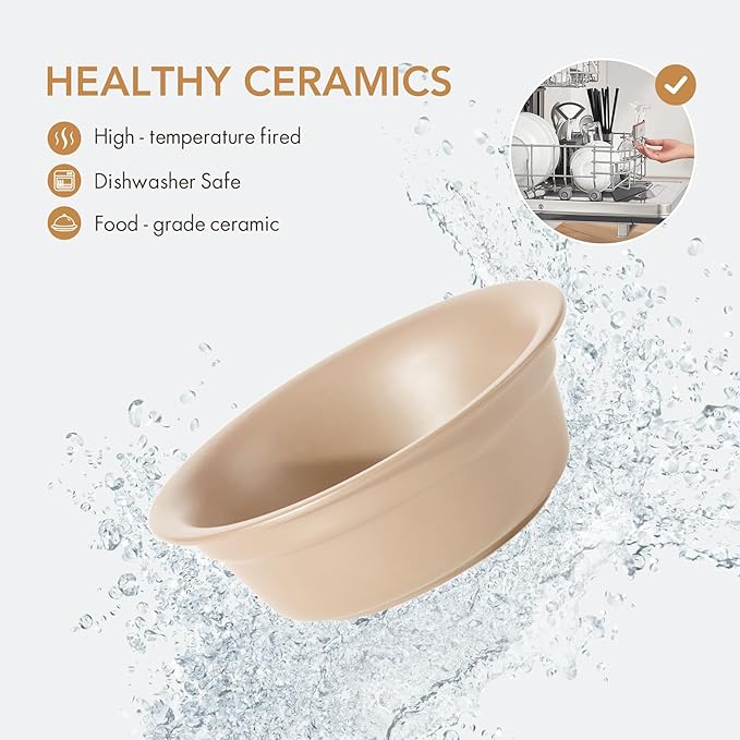 Ceramic 7.1inch Set of 2 Dog Bowls for Medium Dogs, 2pcs Basic 2.5 Cup Food or 24 oz Water Dishes for Replacement, Wide Opening Rounded Edge(2 Bowls, Oat Beige)