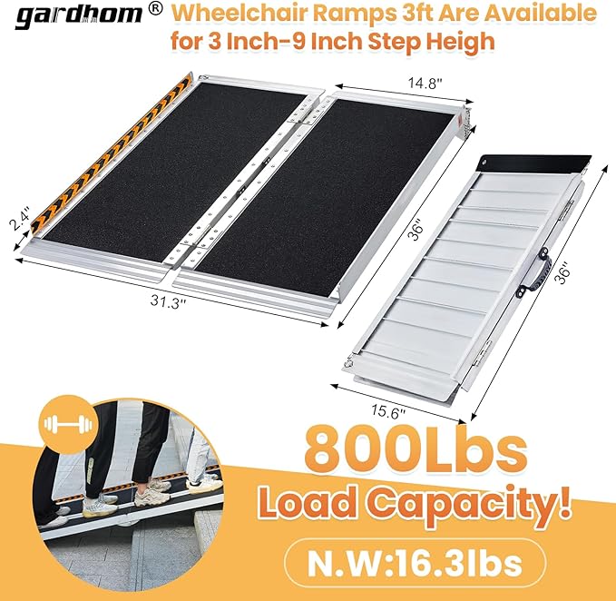 Portable Wheelchair Ramp 3FT, gardhom Non Skid Aluminum Folding Wheelchair Ramp Handicap Ramp Wheel Chair Ramps for Home Entrance Threshold Doorways Stairs Curbs Scooter