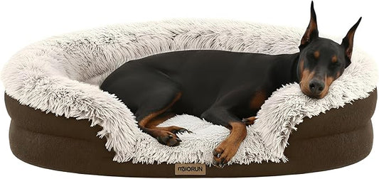 Fluffy Orthopedic Dog Bed for Extra Large Dogs, Calming Plush Sofa Bed with Curved Bolster Support and Egg-Crate Foam Base, 48" Cozy Oval Pet Donut Bed with Washable Cover, Coffee