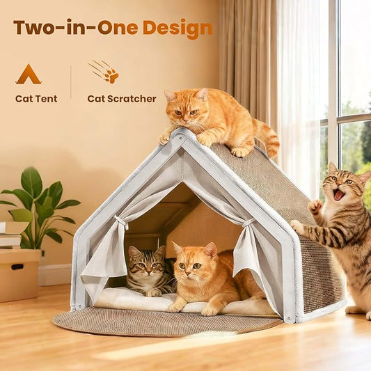 Cat Houses for Indoor Cats - 4 Seasons Cat Bed Cave with Natural Sisal Cat Scratcher Mat, Solid Wood Frame Cat House with Curtains and Cat Floor Scratching Pad Rug, Protect Couch and Carpets, S