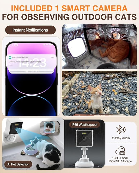 Indestructible Heated Cat House with Pet Camera for Outside Winter, 100% Waterproof, Escape Door, Insulated Outdoor Cat Shelter with Heater for Feral Barn Cat Kitty (Desert Camouflage, 25.5"x16"x18")