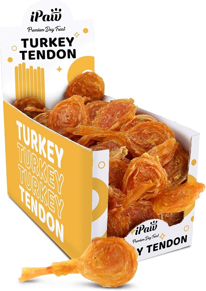 iPaw Turkey Tendons for Dogs 40 Pcs Bulk Pack, 100% Turkey and US Sourced Raw Material, Hypoallergenic, All Natural Human Grade Puppy Chew, Rawhide Alternative Dog Treats, Lollipop (Small)