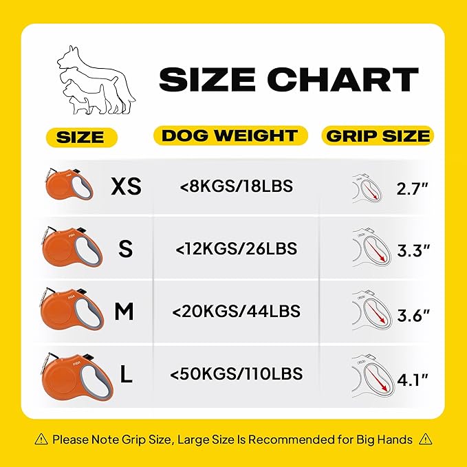 Fida Retractable Dog Leash, 16ft Heavy Duty Pet Walking Leash for Medium/Large Dog up to 110 lbs, Tangle Free. One-Hand Brake (Large, Orange)