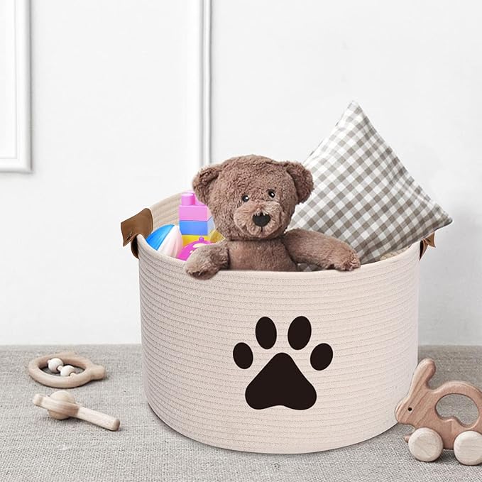 Geyecete Round Dog dog toy basket storage weave Rope Storage Basket Pet/Doy Toy Box Dog Storage Basket-Beige