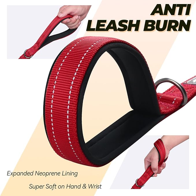 VIVAGLORY Twingrip Dog Leash, Double Handle Dog Leash for Training & Walking with Traffic Handle & 2 Loop, Traffic Control Reflective Heavy Duty for Puppy Pet, 6ft x 1in, Red