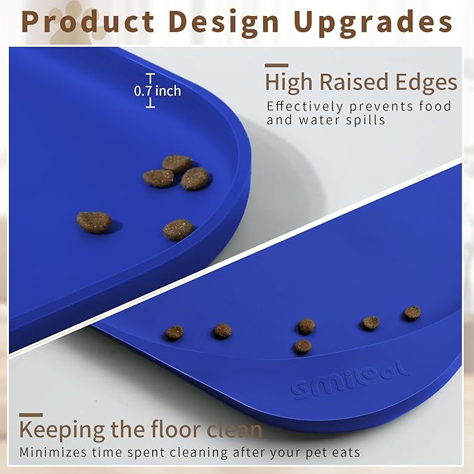 Silicone Pet Food Mat with Raised Edge for Food and Water Bowl, Dog Feeding Mats, Cat Food Trays for Floor Waterproof, Rubber Tray for Dogs and Cats, 17 x 12 x 0.7 Navy Blue