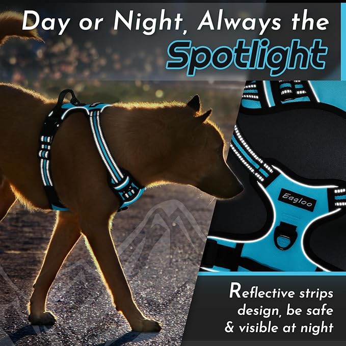Eagloo Dog Harness Large Breed, No Pull Service Vest with Reflective Strips and Control Handle, Adjustable and Comfortable for Easy Walking, No Choke Pet Harness with 2 Metal Rings, Sky Blue, XL