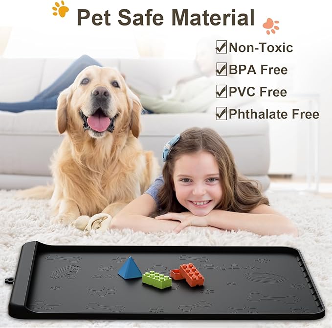 Dog Food Mat - Silicone Dog Mat for Food and Water - 36" x 24" Large Pet Feeding Mats with Residue Collection Pocket - Waterproof Cat Bowl Mat with High Edges to Prevent Water Food Spills (Black)